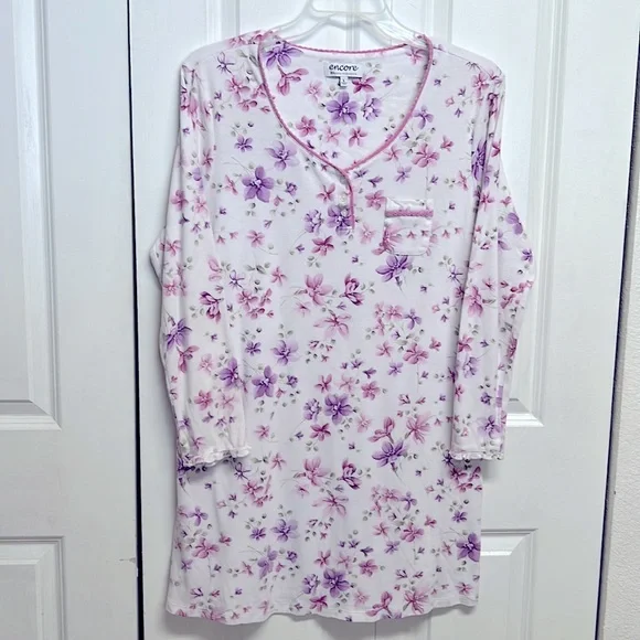Karen Neuburger Intimates Sleepwear Karen Neuburger Encore White Pink Purple Floral Print Nightgown Size L Poshmark